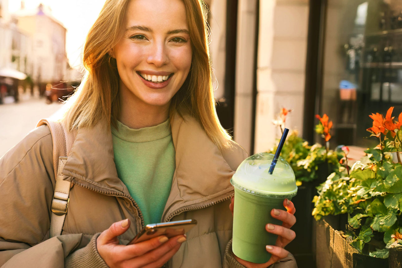 Junge Frau auf der Straße mit Matcha to go-Becher