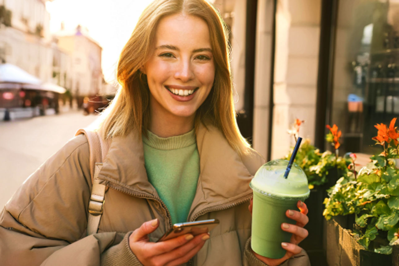 Junge Frau mit Matcha-Becher