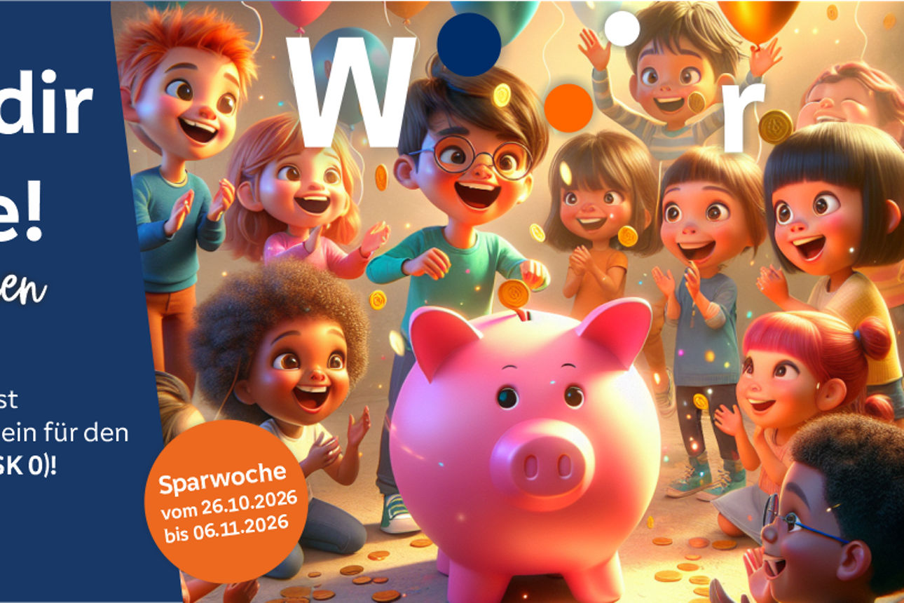 Fröhliche Kinder mit Sparschwein