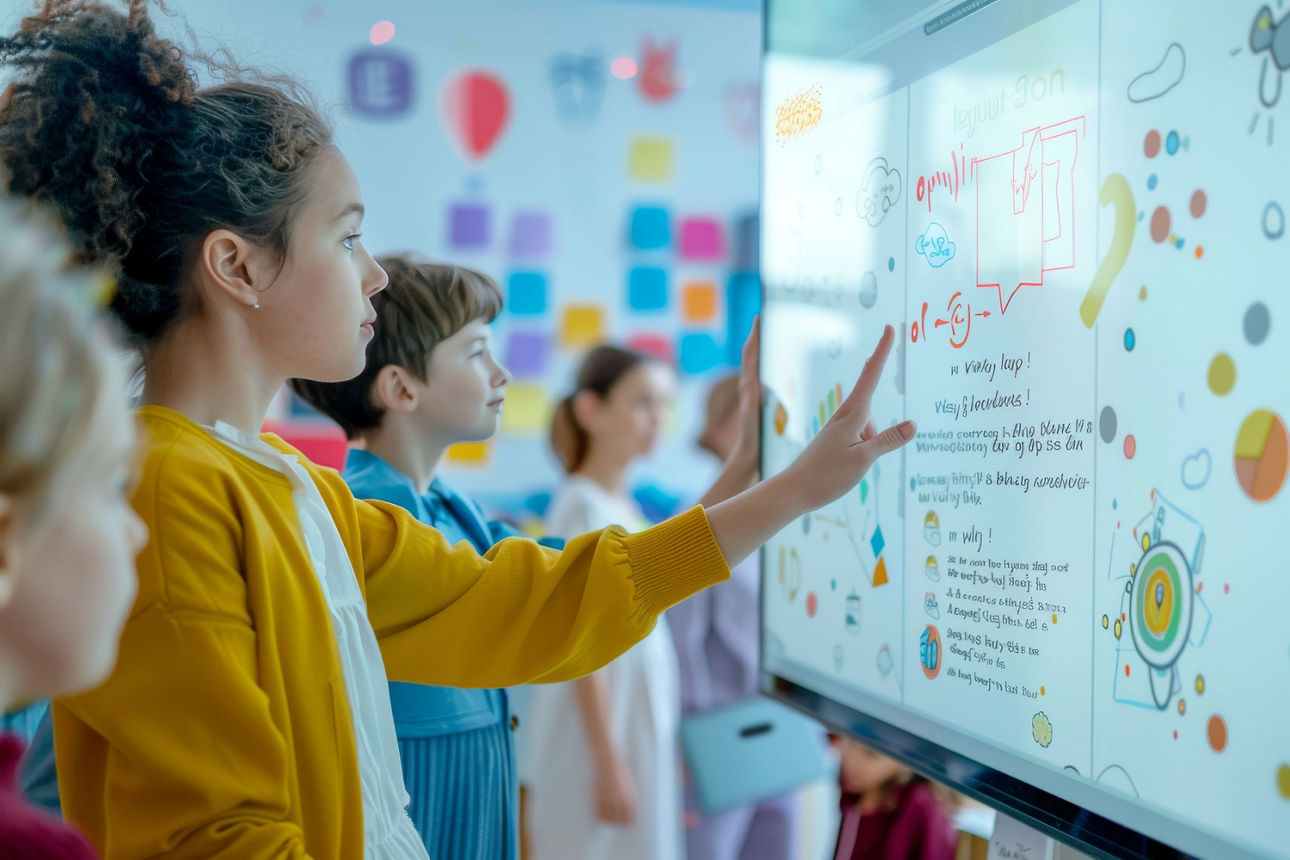 Mehrere Schüler klicken auf eine Whiteboard