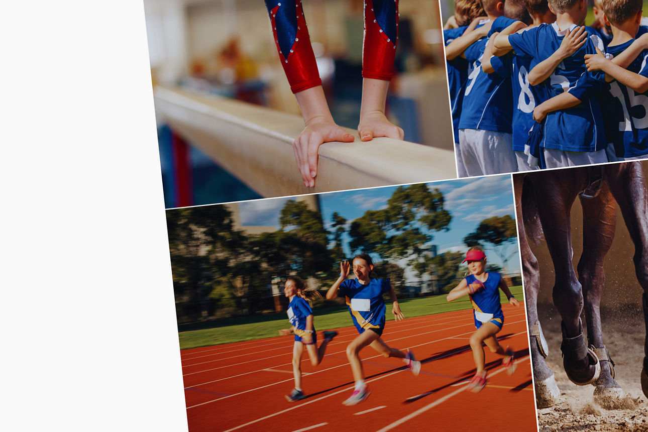 Collage mit Kindern beim Turnen, Mannschaftssport, Lauftraining und Reitsport im Freien