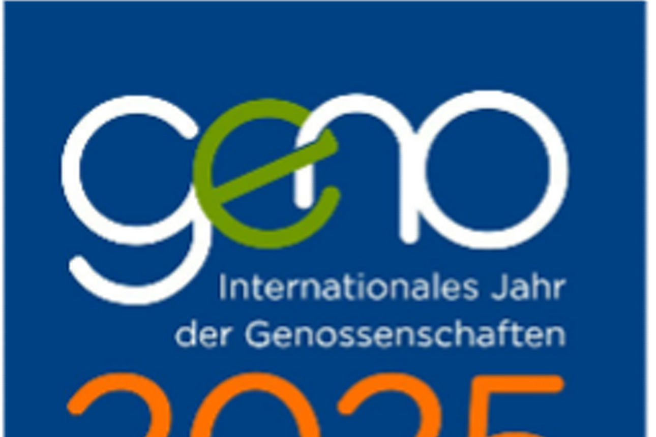Logo „geno“ mit Text „Internationales Jahr der Genossenschaften 2025“ in Deutsch