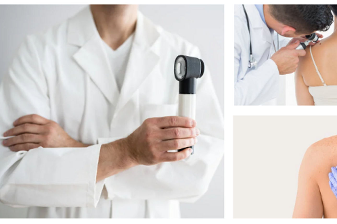 Drei Szenen vom Hautscreening: Dermatoskop, Untersuchung mit Otoskop und Markierung auf dem Rücken