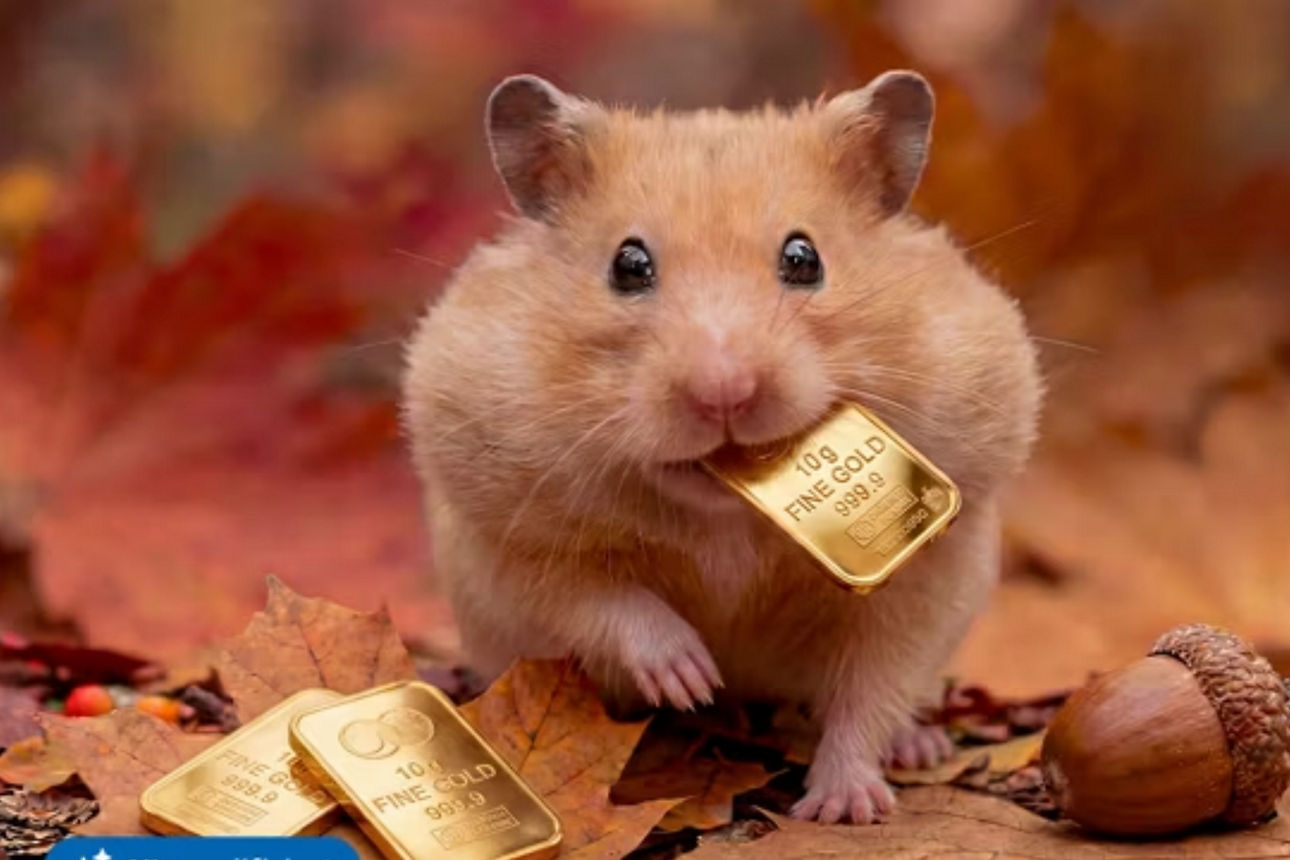 Hamster mit einem Goldbarren im Maul