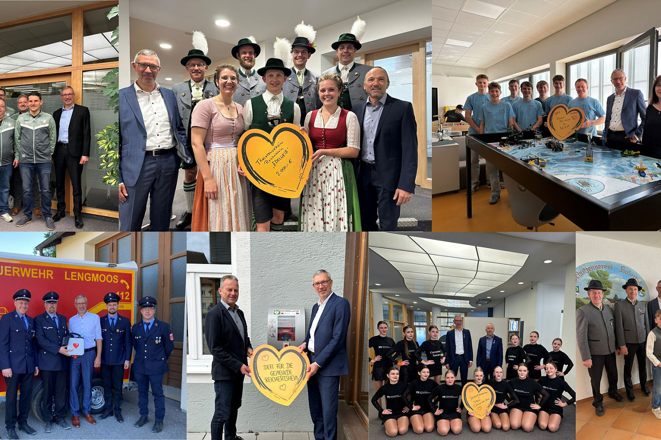 Auf einer Collage sind mehrere Gruppenfotos von Personen in unterschiedlichen Veranstaltungsumgebungen zu sehen