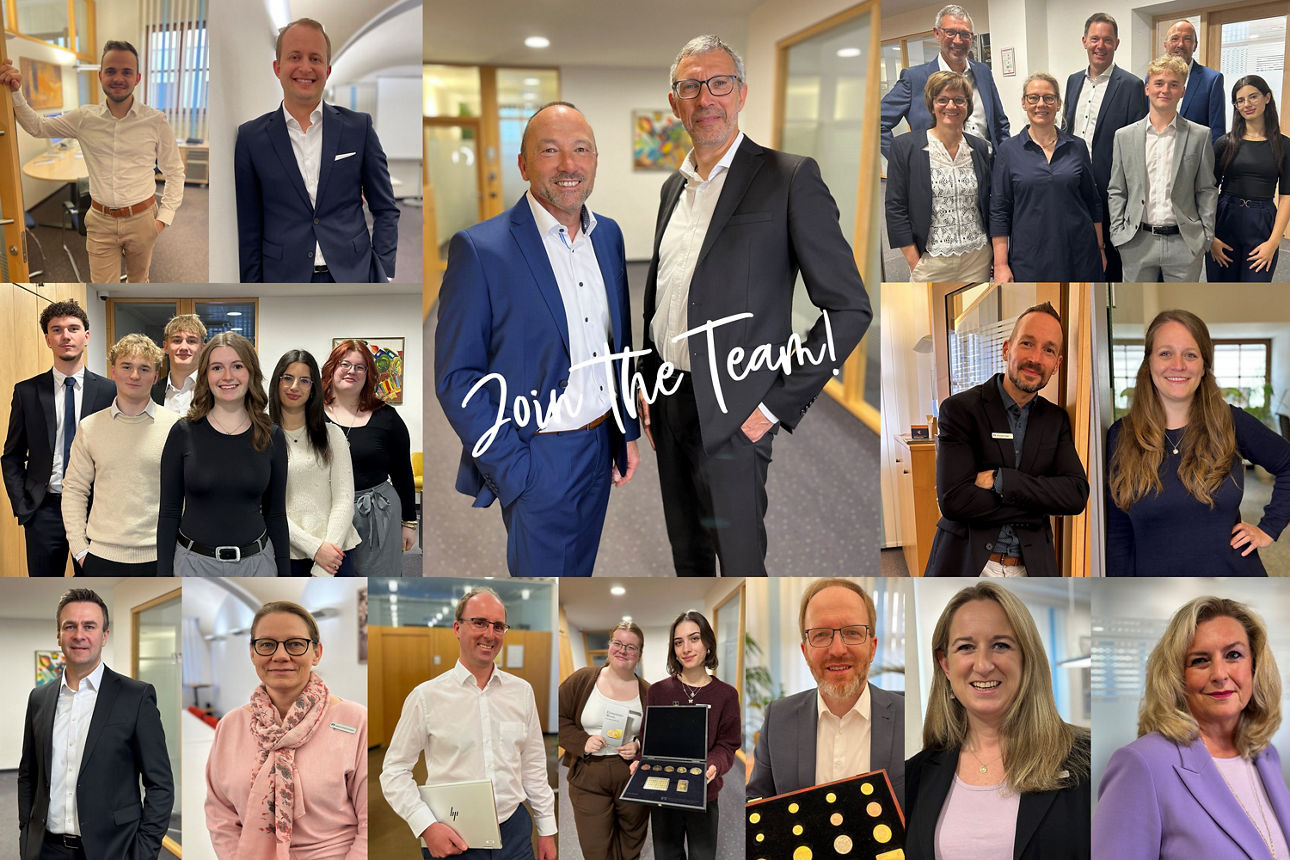 Eine Collage mehrerer Mitarbeiter der Bank. Sie tragen Business Kleidung. In der Mitte der Collage sind die Vorstände zu sehe