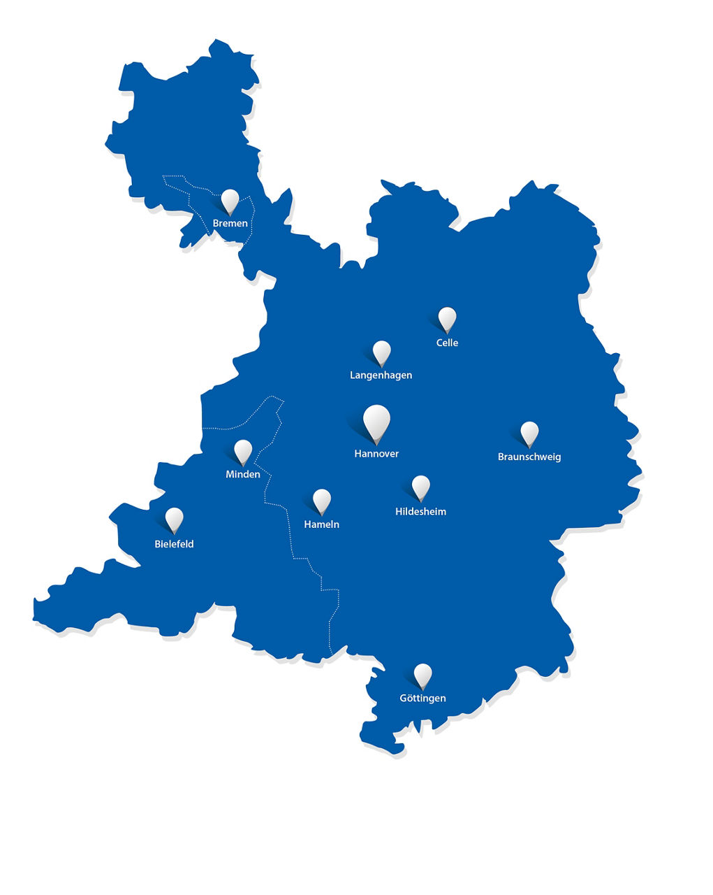 Eine blaue Landkarte, auf der unser Fördergebiet markiert ist.