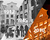 Darstellung von Jahreszahlen 1912, 1945 und 2010 auf schwarz-weißen Bildern sowie einem Farbbild.  Die Bilder zeigen historische Gebäude.