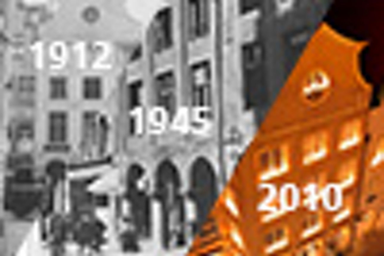 Darstellung von Jahreszahlen 1912, 1945 und 2010 auf schwarz-weißen Bildern sowie einem Farbbild.  Die Bilder zeigen historische Gebäude.