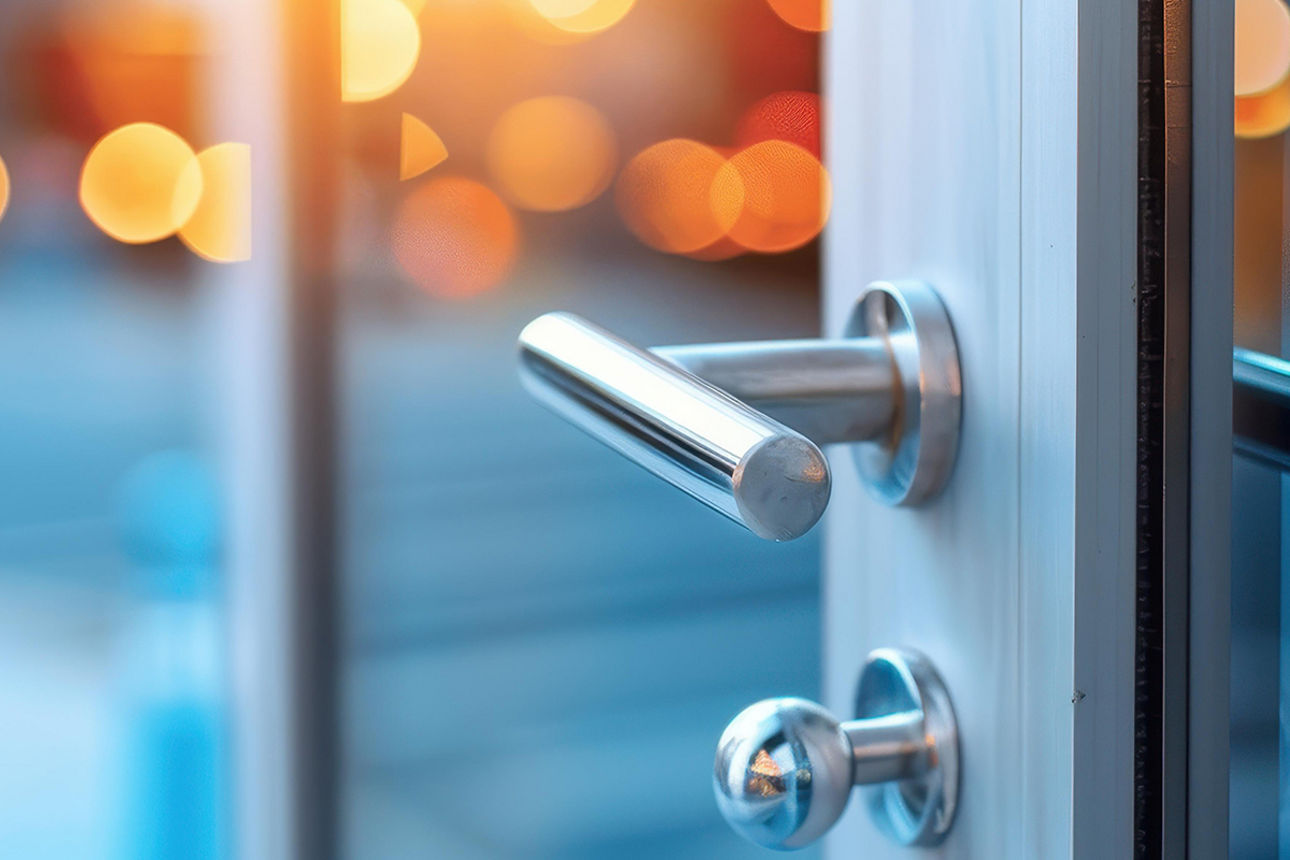 Eine Tür aus Glas mit einer Türklinke und einem Türknauf.