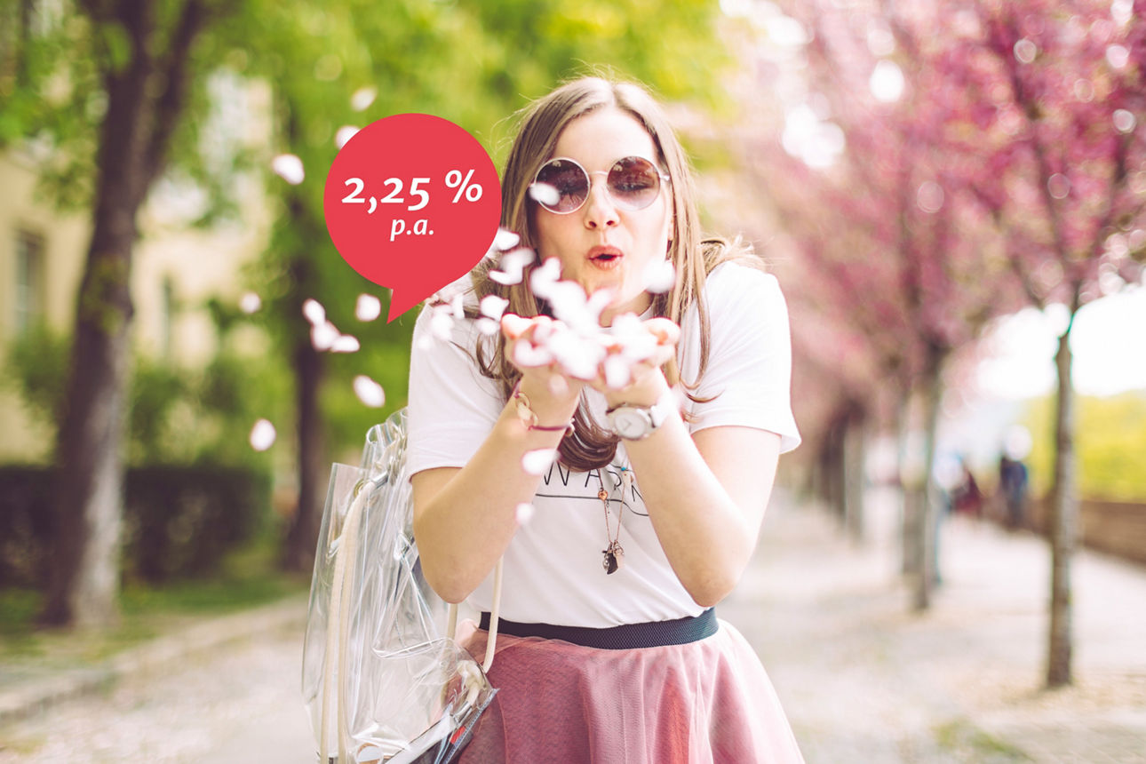 Ein Schriftzug mit 2,25 % p. a. schwebt vor einem hellblauen Hintergrund.