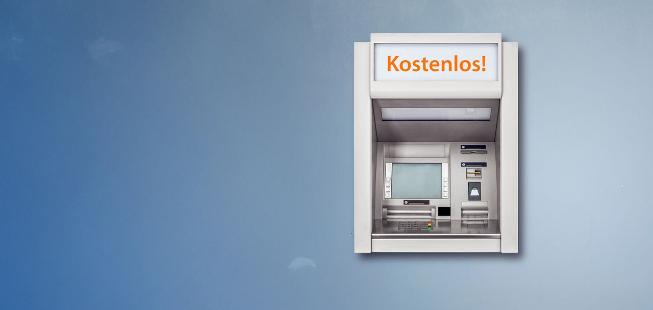 Abbildung eines Bargeldautomaten mit der Aufschrift 'Kostenlos!'