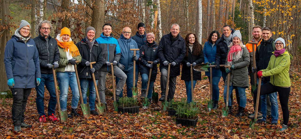 Mitarbeiter der Sparda-Bank stehen in einem Wald und pflanzen Bäume in Schwabach
