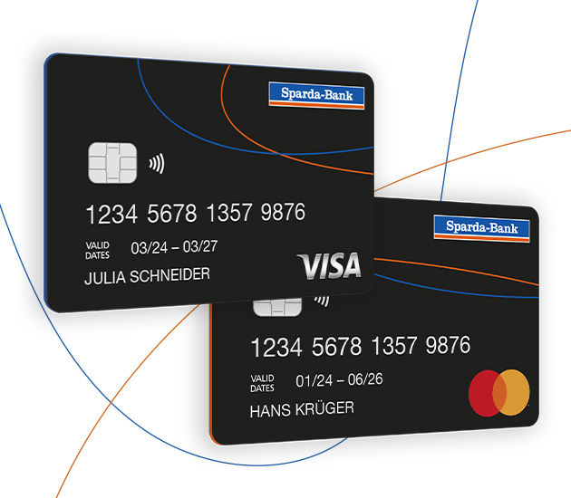 Frontansicht der Kreditkarten der Sparda-Bank Berlin, Visa und Mastercard sind hierbei zu sehen