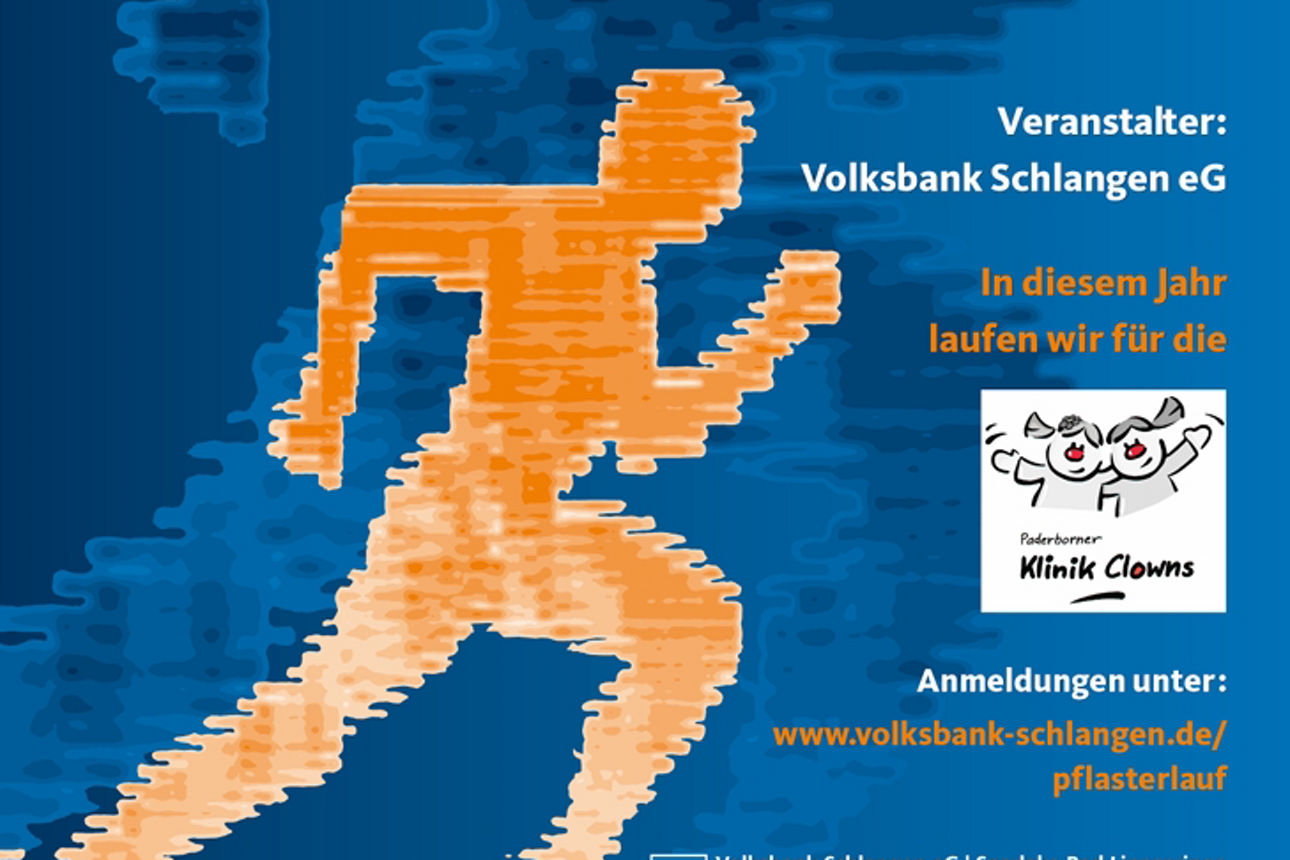 Werbeflyer für einen Benefizlauf, der von der Volksbank Schlangen eG zugunsten der Paderborner Klinikclowns veranstaltet wird
