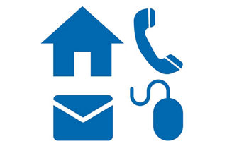 Symbole für: Filiale, Brief, E-Mail, Telefon und Computer Symbole für: Filiale, Brief, E-Mail, Telefon und Computer