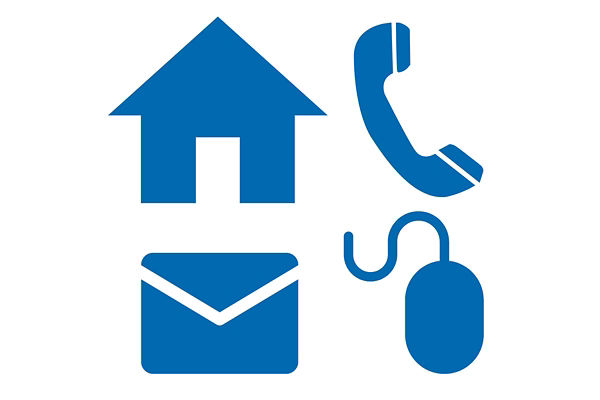 Symbole für: Filiale, Brief, E-Mail, Telefon und Computer Symbole für: Filiale, Brief, E-Mail, Telefon und Computer