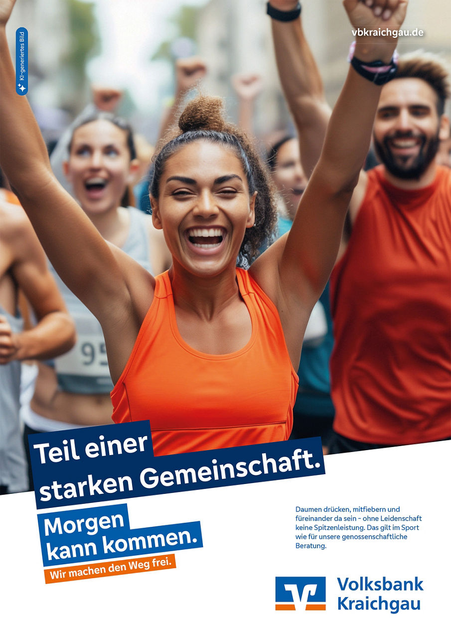 Anzeige zum Thema Sport. Motiv: Eine Gruppe von Läufern streckt die Arme nach oben.