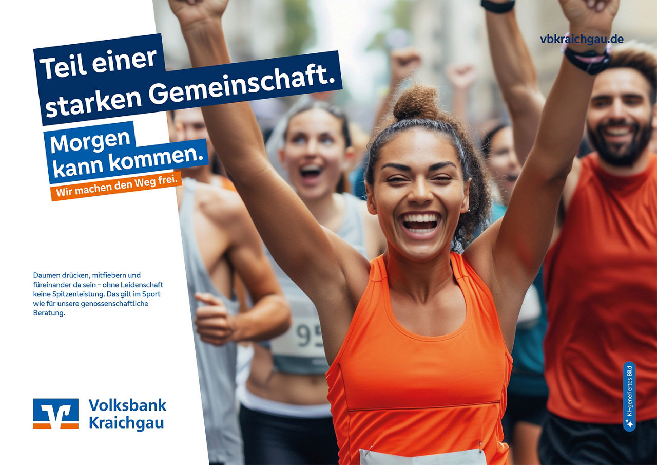Anzeige zum Thema Sport. Motiv: Eine Gruppe von Läufern streckt die Arme nach oben.