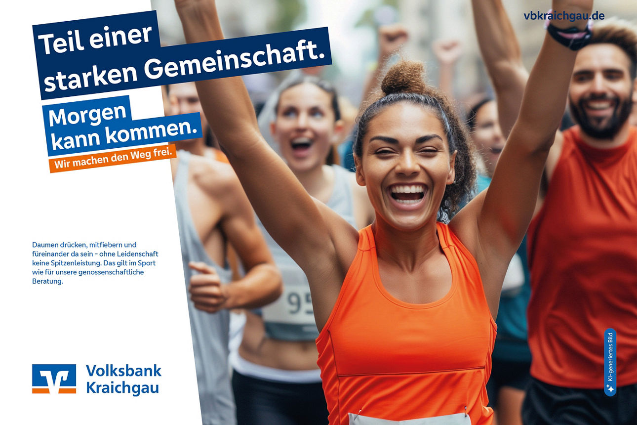 Anzeige zum Thema Sport. Motiv: Eine Gruppe von Läufern streckt die Arme nach oben.