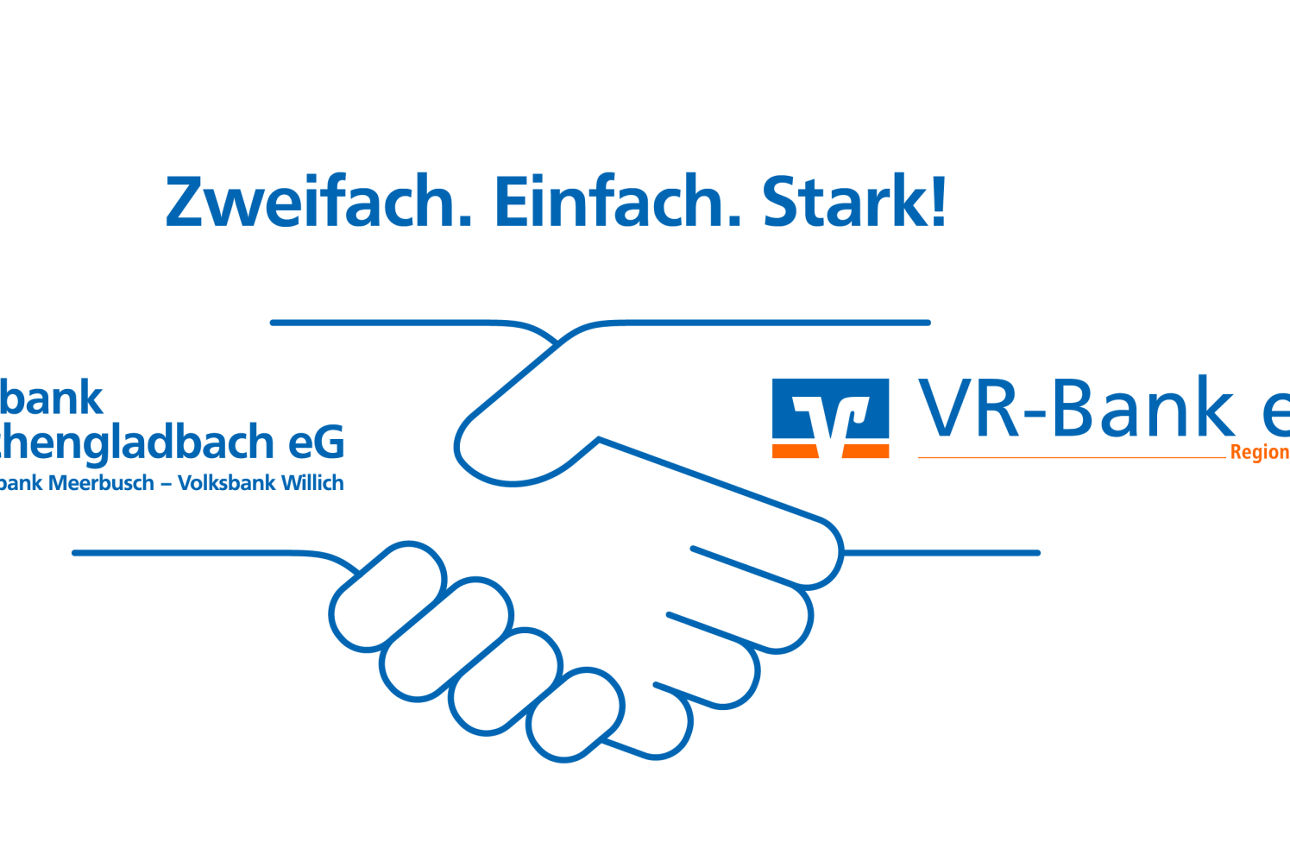 Logo von Volksbank Mönchengladbach eG und VR-Bank eG Region Aachen mit Handschlag und Text „Zweifach. Einfach. Stark!“.