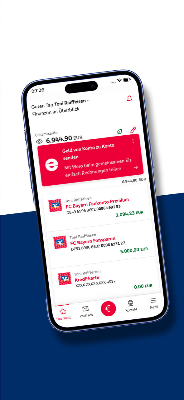 Handydarstellung mit der Überweisungsfunktion der mein VR Fan-Banking App