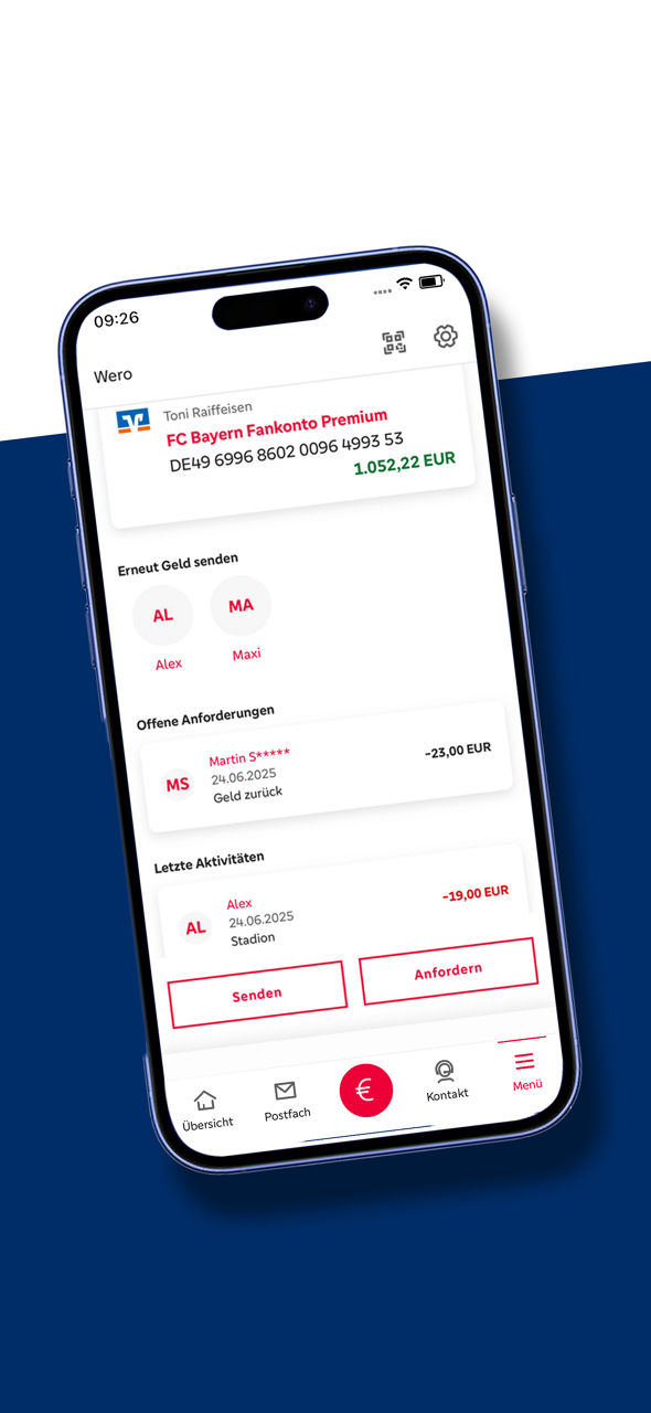 Handydarstellung mit der Kontoübersicht der mein VR Fan-Banking App
