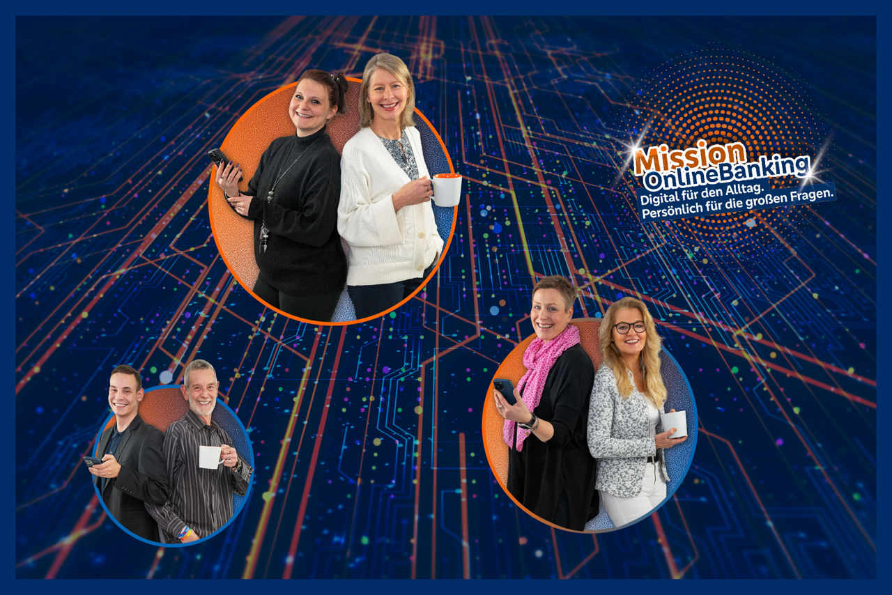 Titelbild des Geschäftsbrits 2024 – 3 Pärchen unserer Mitarbeiter aus der „Mission OnlineBanking“