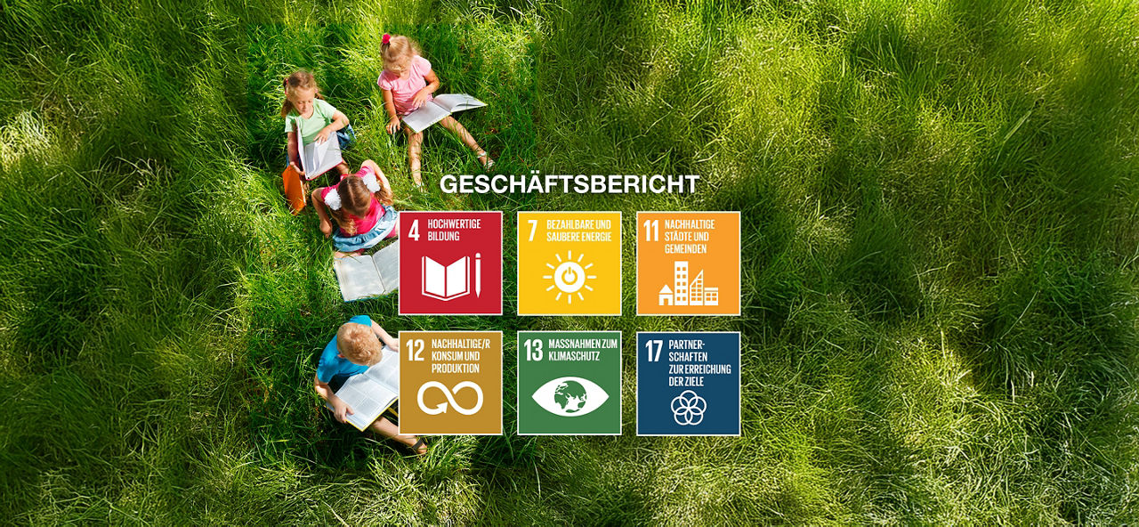 Wiese mit Kindern - im Vordergrund verschiede Icons