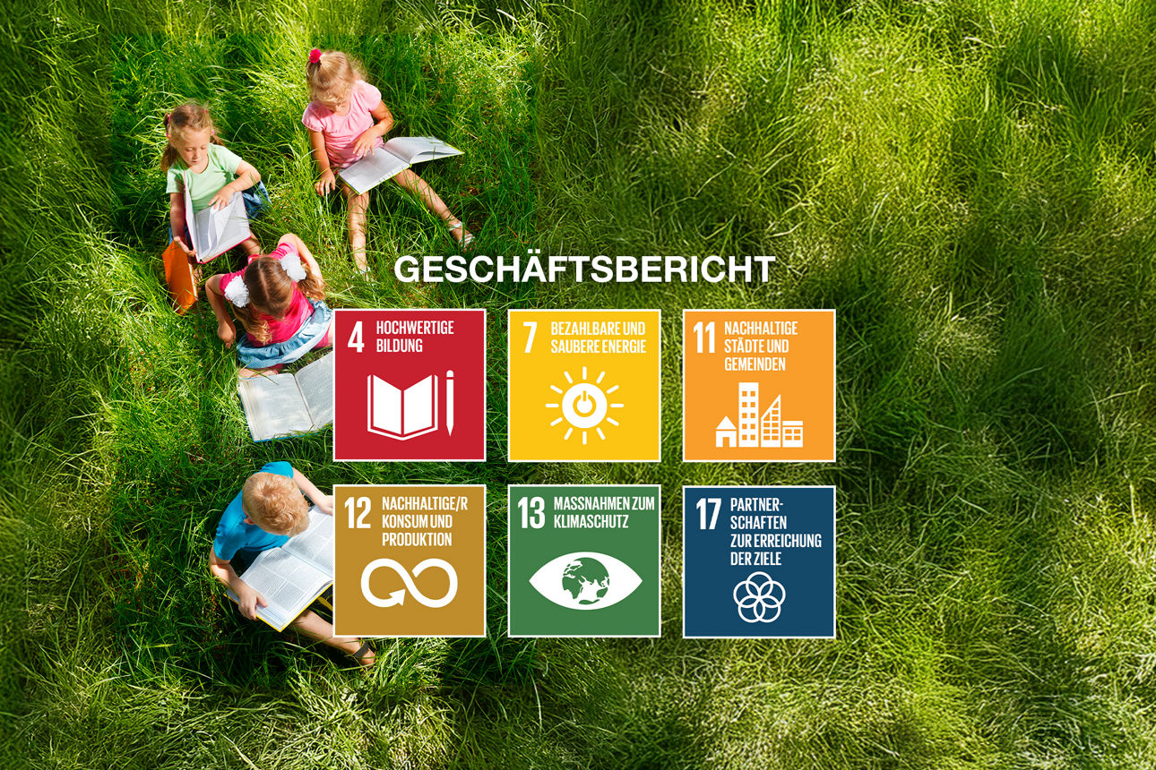 Wiese mit Kindern - im Vordergrund verschiede Icons