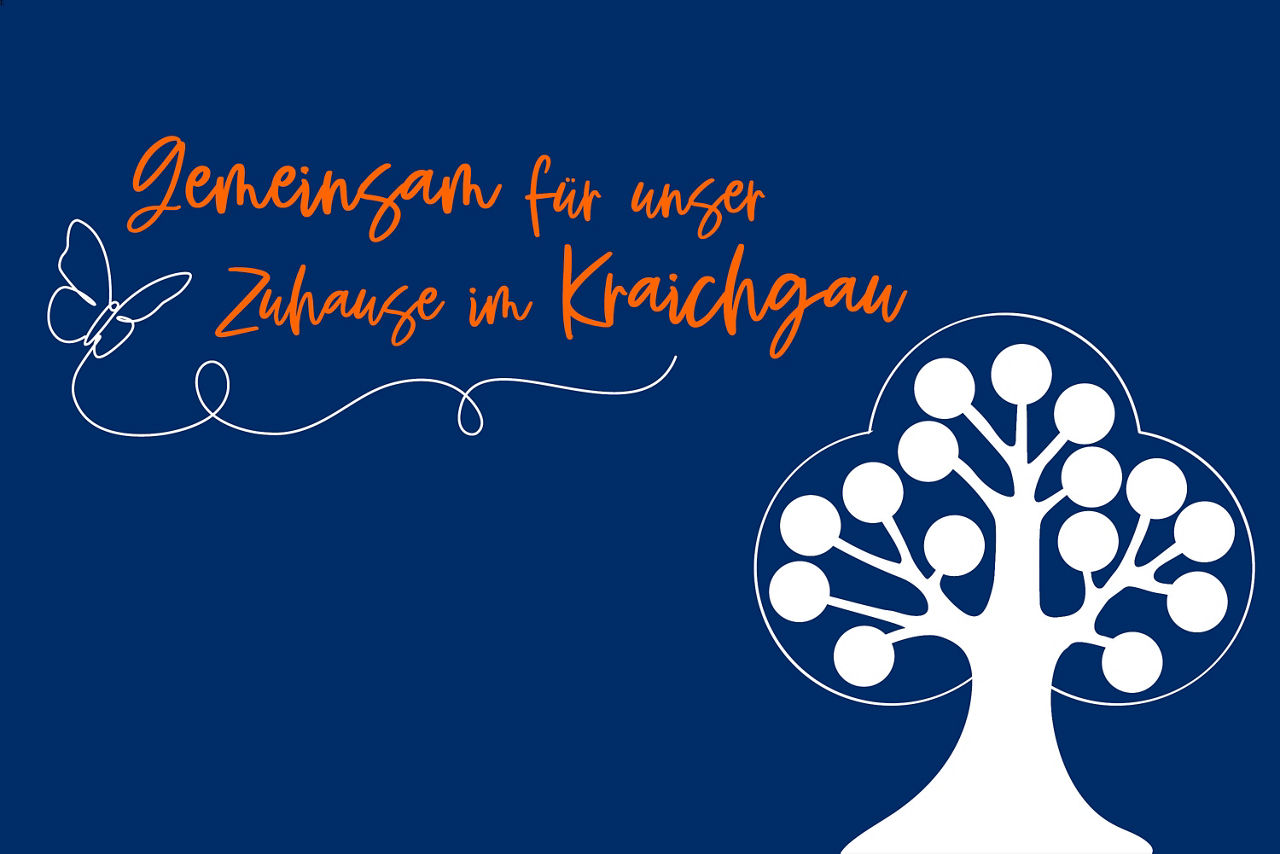 Abbildung eines weißen Baumes auf blauem Hintergrund mit dem Schriftzug: Gemeinsam für unser Zuhause im Kraichgau