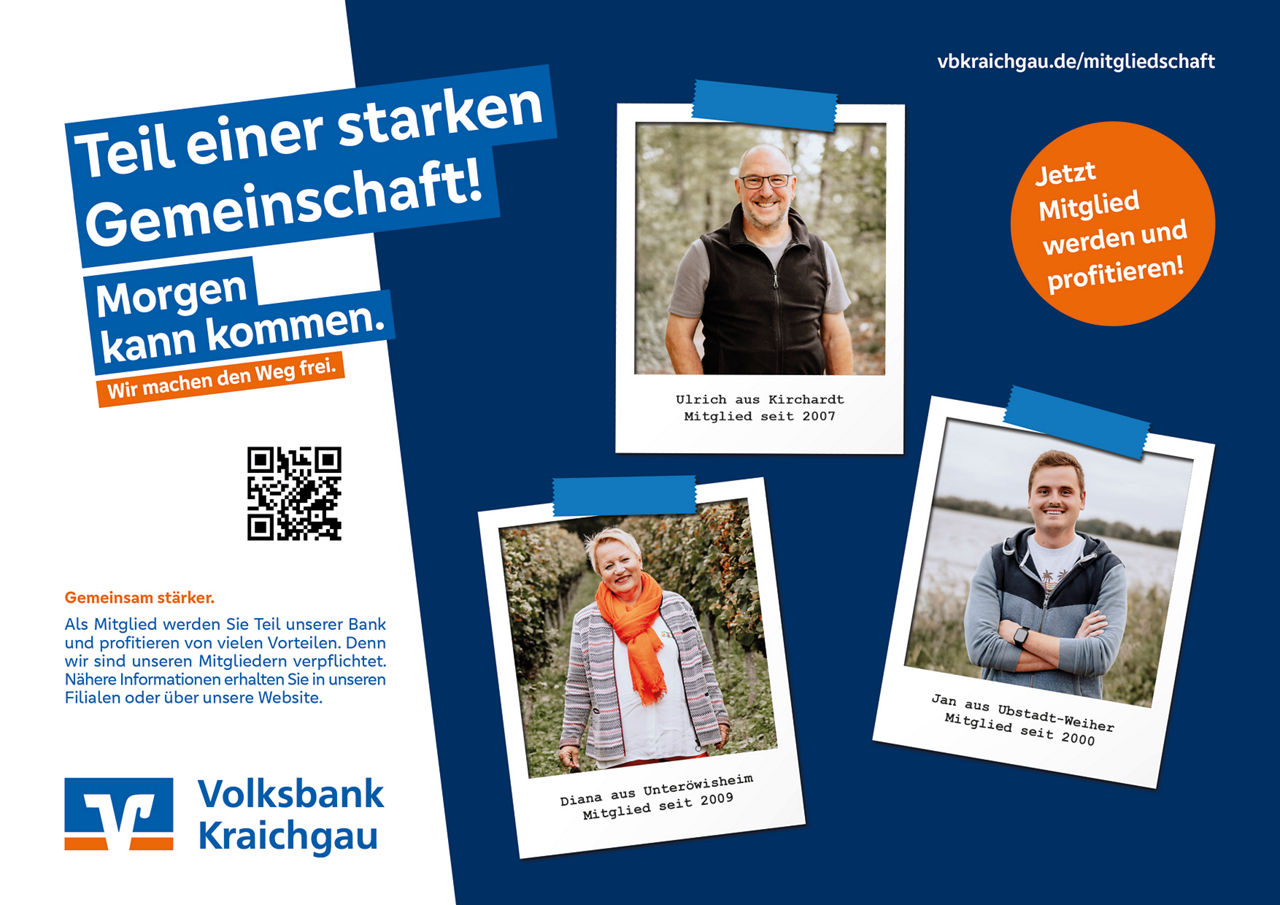 Anzeige zum Thema Mitgliedschaft Querformat: Teil einer starken Gemeinschaft, Motiv: 3 Polaroidfotos unserer Mitglieder
