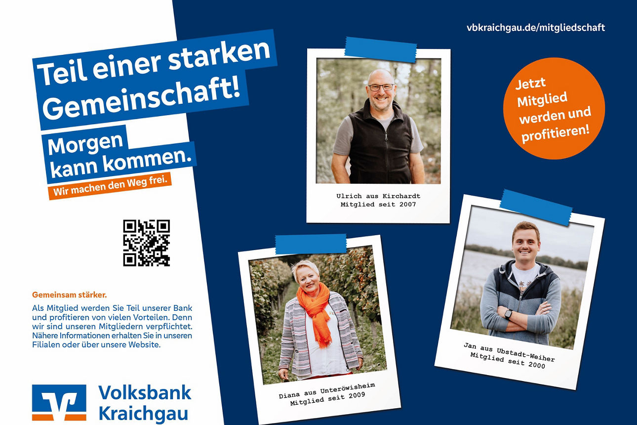 Anzeige zum Thema Mitgliedschaft Querformat: Teil einer starken Gemeinschaft, Motiv: 3 Polaroidfotos unserer Mitglieder