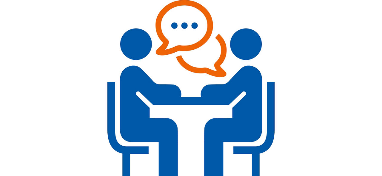 Piktogramm zwei Personen sitzen am Tisch und unterhalten sich