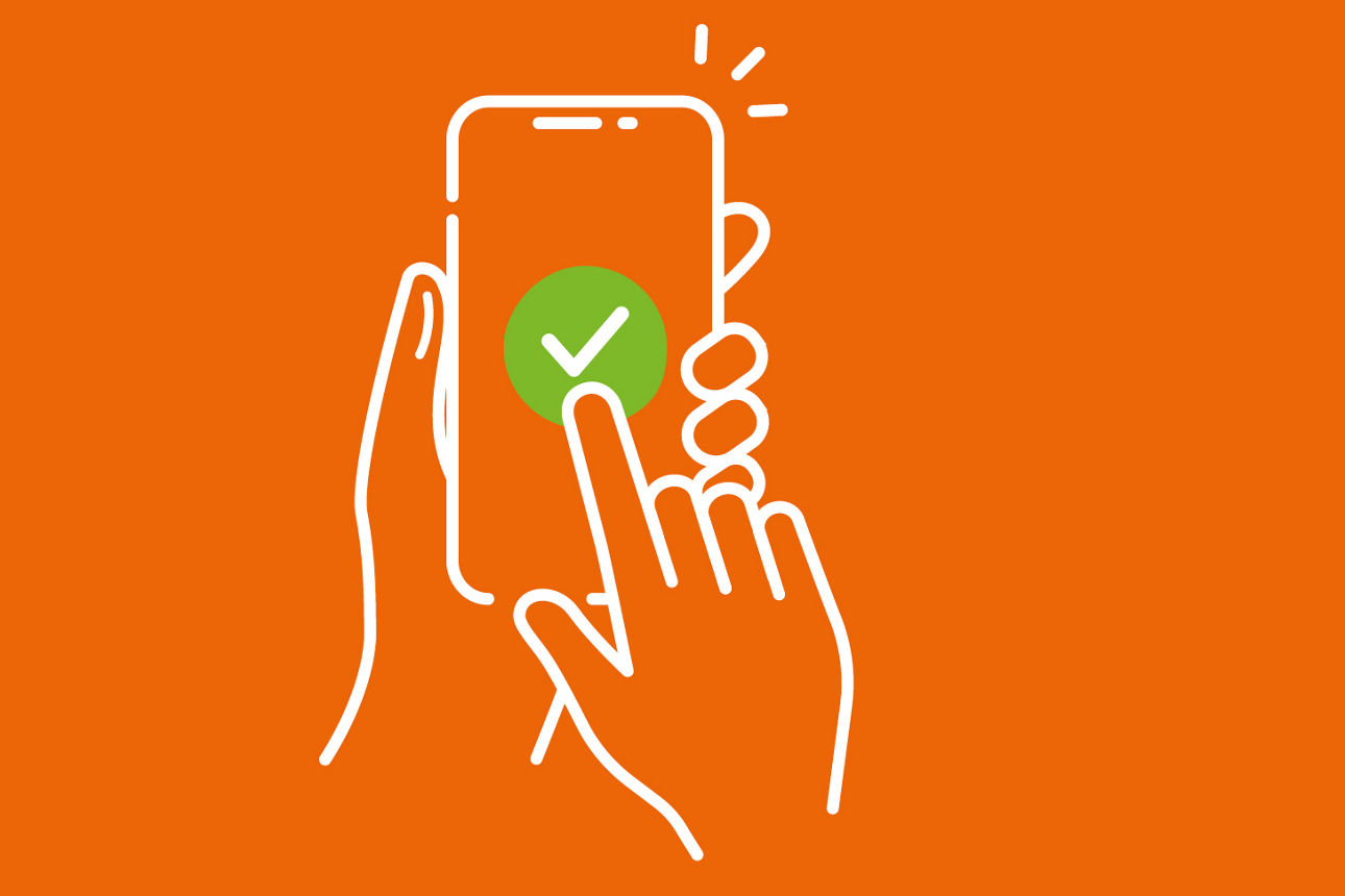 Orangenfarbener Hintergrund mit einem skizzierten Smartphone und einer Hand die einen grünen Button mit Haken bestätigt