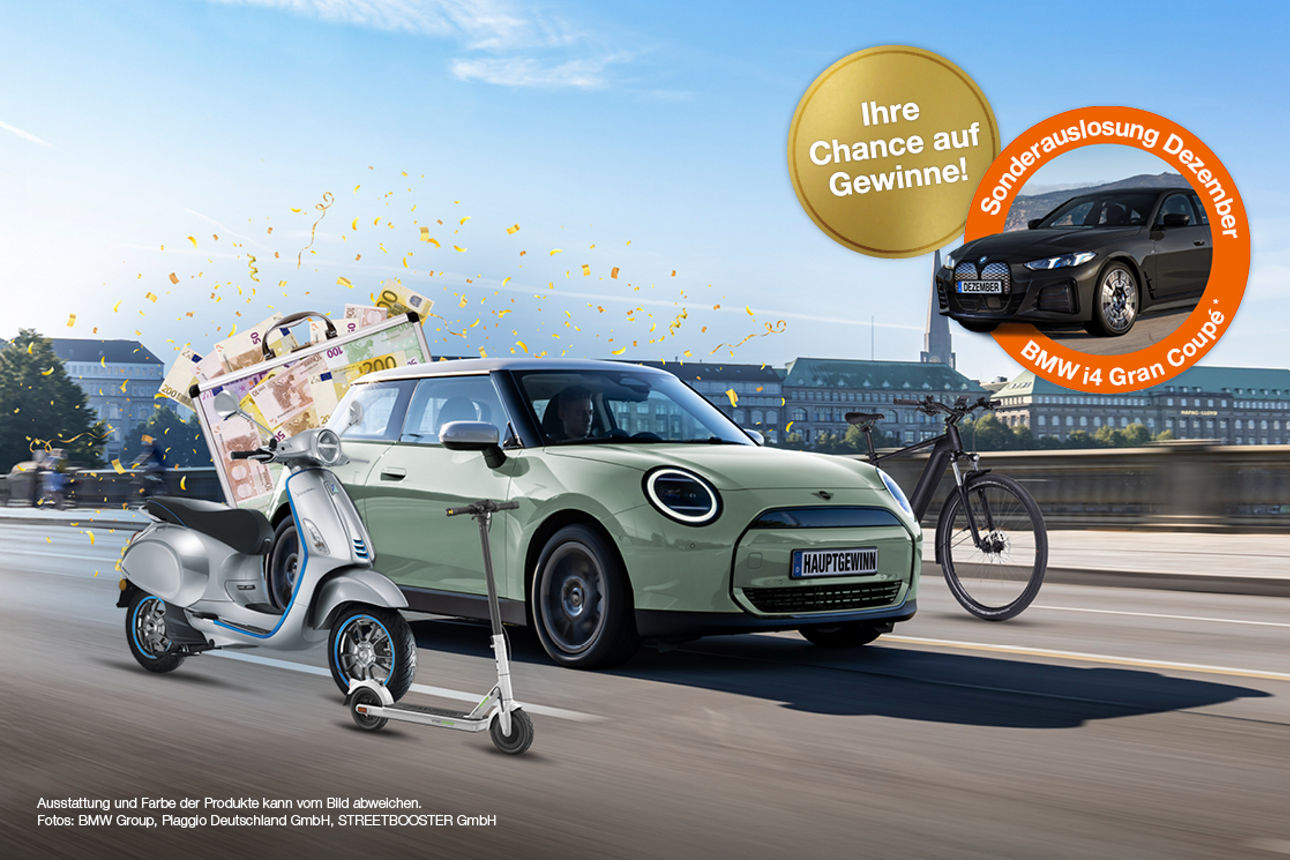 Bild mit allen Gewinnen des SpardaGewinnsparens - Mini Cooper, E-Bike, E-Scooter, E-Roller, Geldkoffer und zusätzlich ein BMW