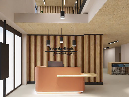 Eine 3D-Zeichnung des neuen Servicebereiches in der Filiale Minden  mit einem orangefarbenen Servicecounter.