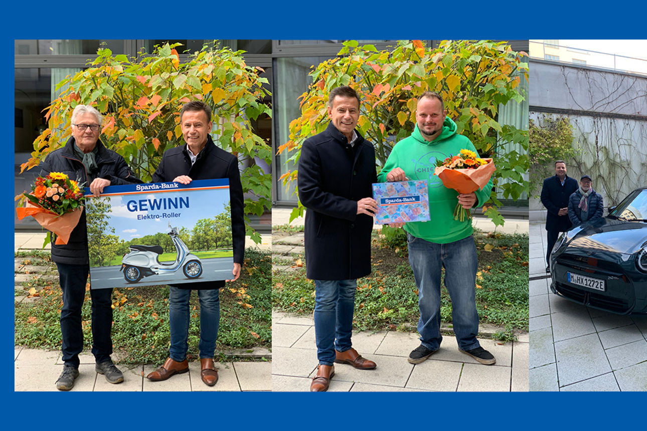 Collage von Gewinner des SpardaGewinnsparen mit ihren Gewinnen