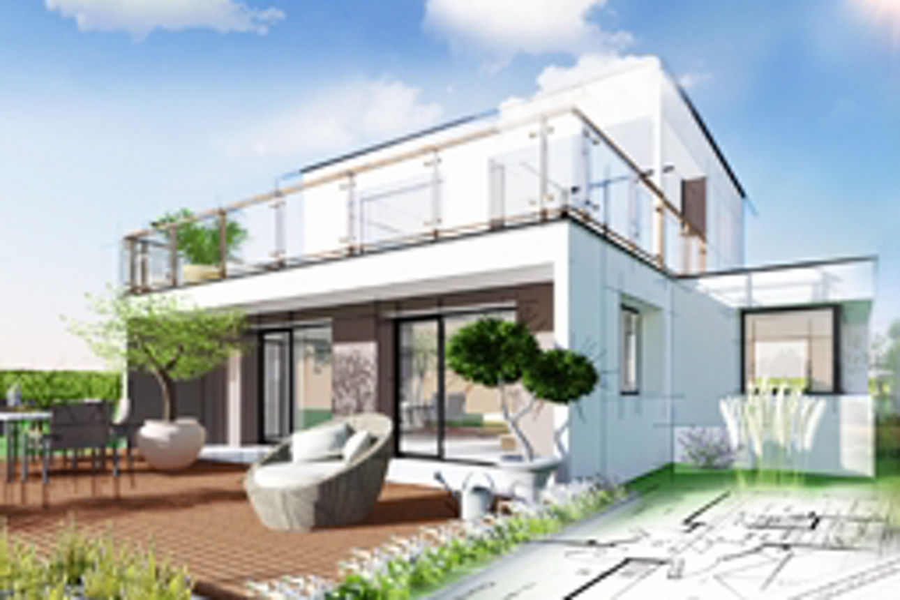 Ein modernes Haus-Rendering neben architektonischen Entwürfen, in denen Designdetails und Grundrisspläne dargestellt sind.