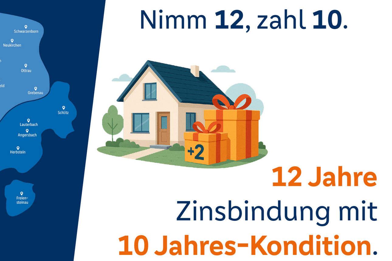 Grafik mit dem Geschäftsgebiet der VR VerbundBank und einem Haus mit zwei Geschenken.