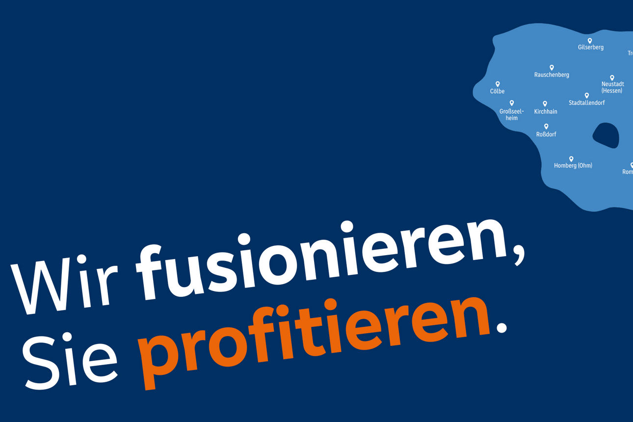 Eine Grafik mit dem Spruch "Wir fusionieren, Sie profitieren." und einer Landkarte vom Geschäftsgebiet der VR VerbundBank