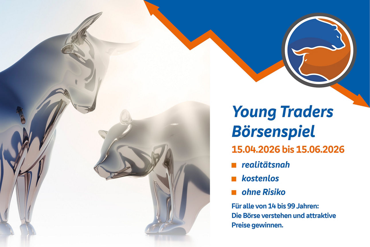 Links Bulle und Bär, rechts Infos zur Verantstalung Young Traders Börsenspiel.