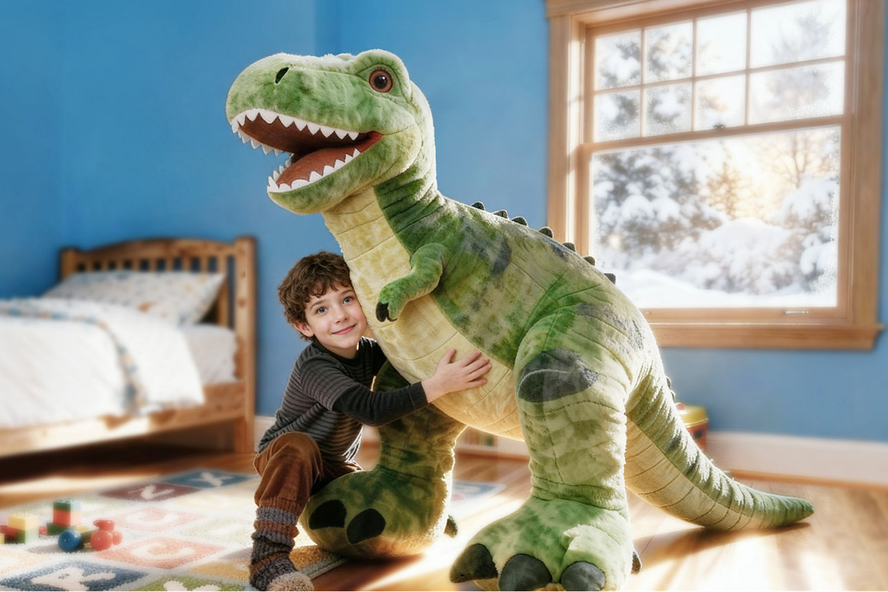 Kleiner Junge sitzt auf dem Boden und hat ein großes Kuscheltier bei sich. Das Kuscheltier ist ein grüner Dinosaurier.