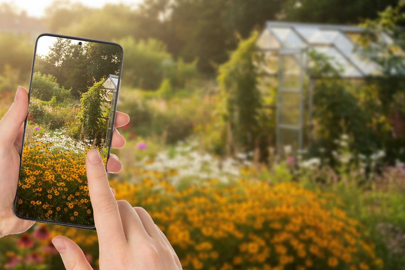 Zwei Hände halten ein Smartphone, mit dem ein naturnaher Garten fotografiert wird