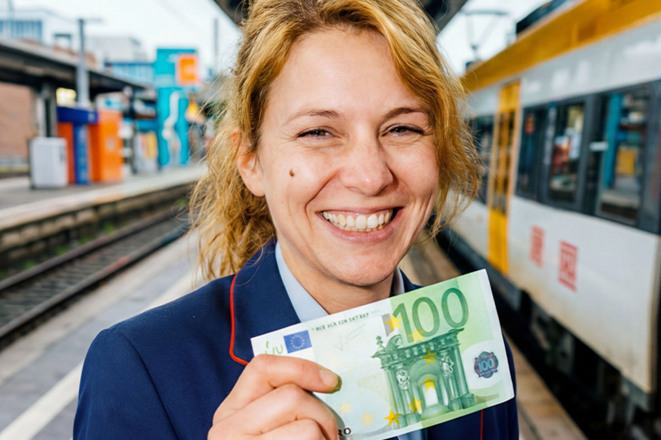 Frau in blauer Uniform hält 100‑Euro-Schein auf Bahnsteig vor gelbem Zug.