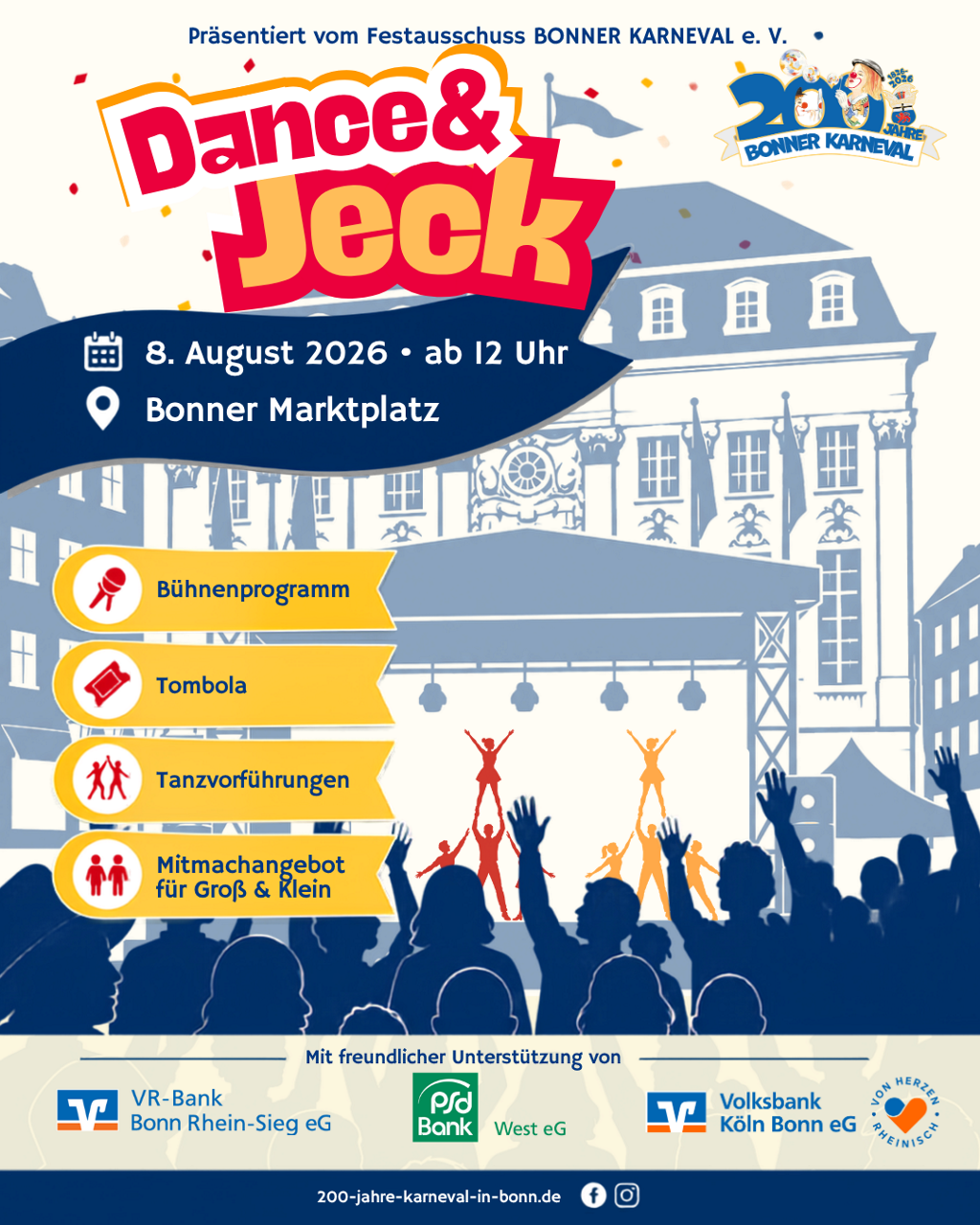 Schaubild mit der Aufschrift Dance & Jeck mit Datum 08.08.2026 ab 12 Uhr Bonner Marktplatz
