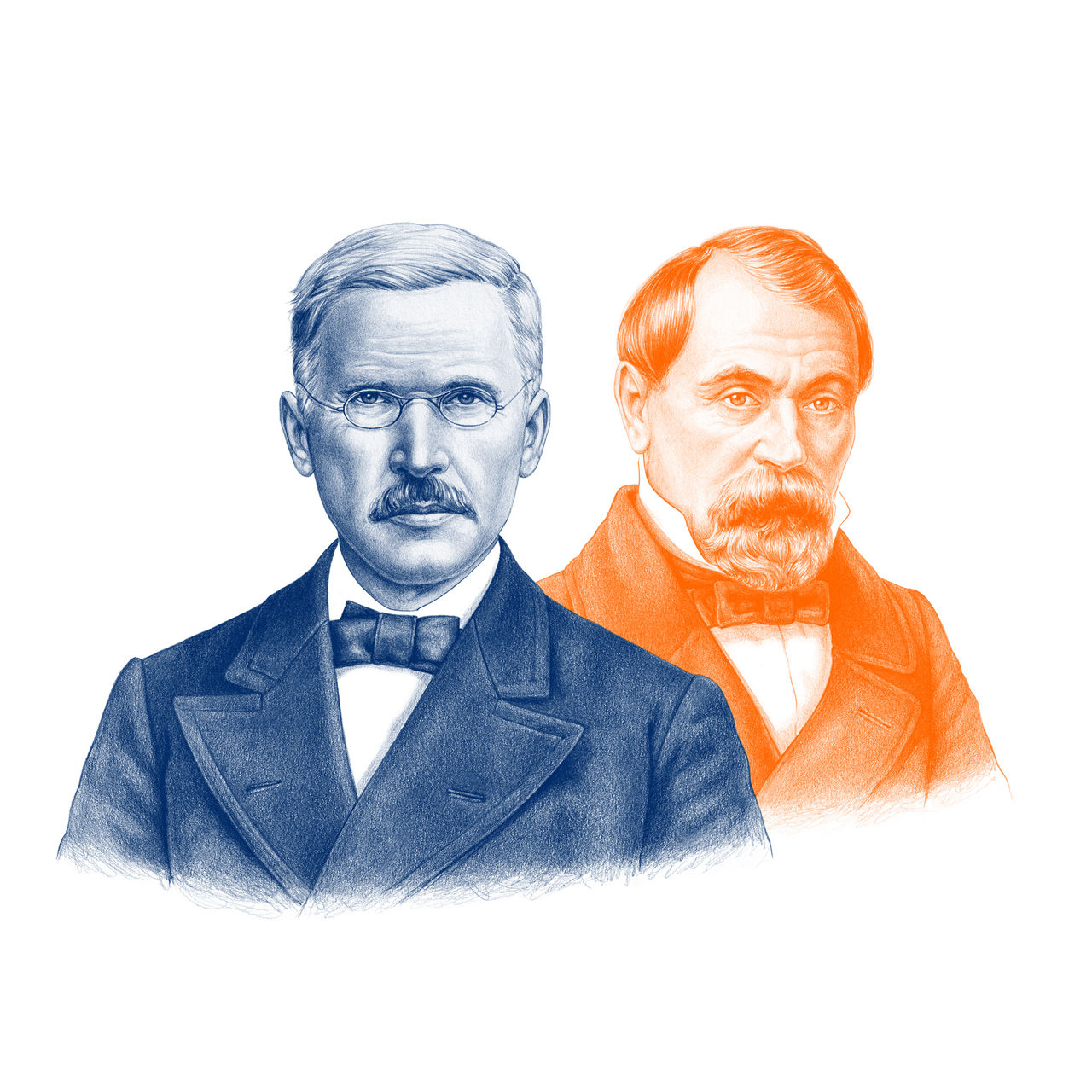 Portrait von Hermann Schulze-Delitzsch und Friedrich Wilhelm Raiffeisen in blau und orange
