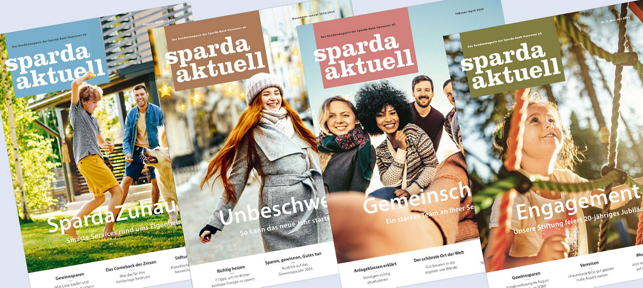 Mehrere Ausgaben des Kundenmagazins sparda aktuell sind nebeneinander angeordnet und die Titelseiten sind sichtbar.