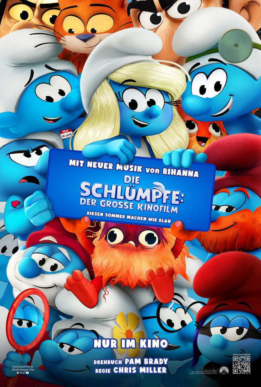 Kinoplakat mit vielen animierten blauen Figuren und einer orangen Figur mit der Aufschrift Die Schlümpfe: Der grosse Kinofilm
