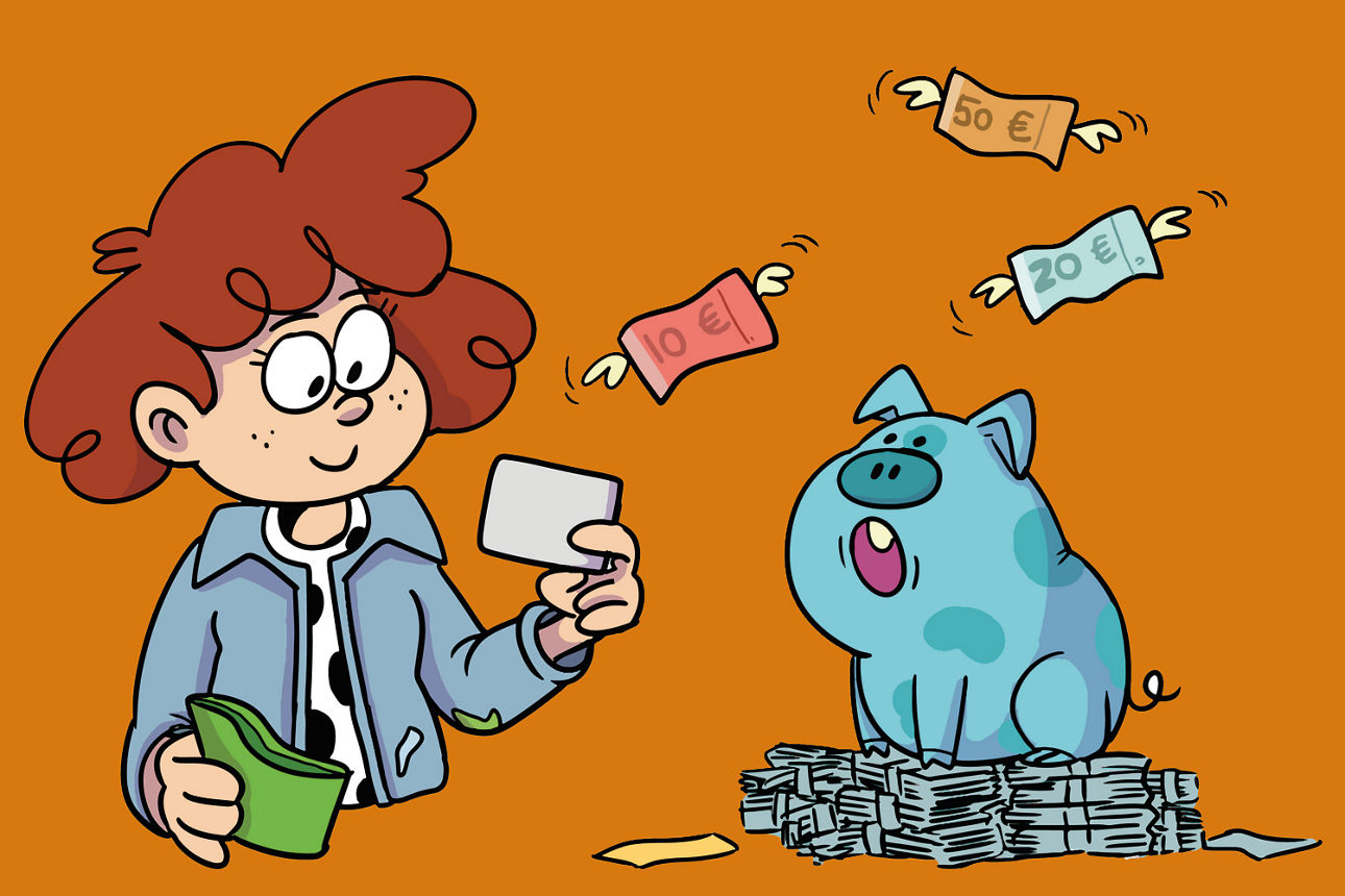 Links ist die Comicfigur Klara zu sehen, die eine Bankkarte in der Hand hält. In der anderen Hand hält sie ihr Portemonnaie. Rechts neben ihr sitzt das Comic-Schwein Rübe auf einem Geldhaufen aus Geldbündeln. Um ihn herum fliegen Geldscheine mit Flügeln umher.